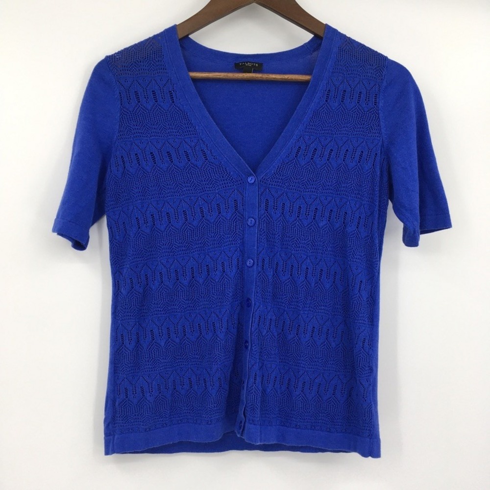 Talbots Pointelle Crochet V-Neck Cardigan Womens SP Blue Classic Mature‎ Office